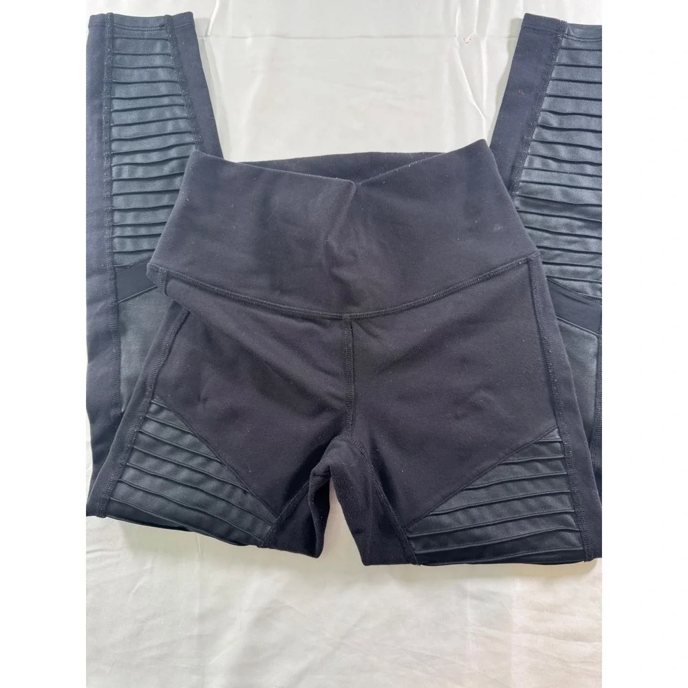 ALO Yoga Moto Leggings Black High Rise Ribbed Faux Leather Panel Size S